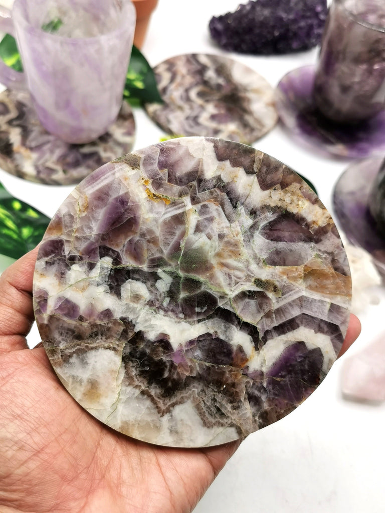 Beautiful Amethyst hand carved coaster set (3 coasters) - 4.5 inches diameter and 265 gms (0.58 lb) shops - SET OF 3 COASTERS