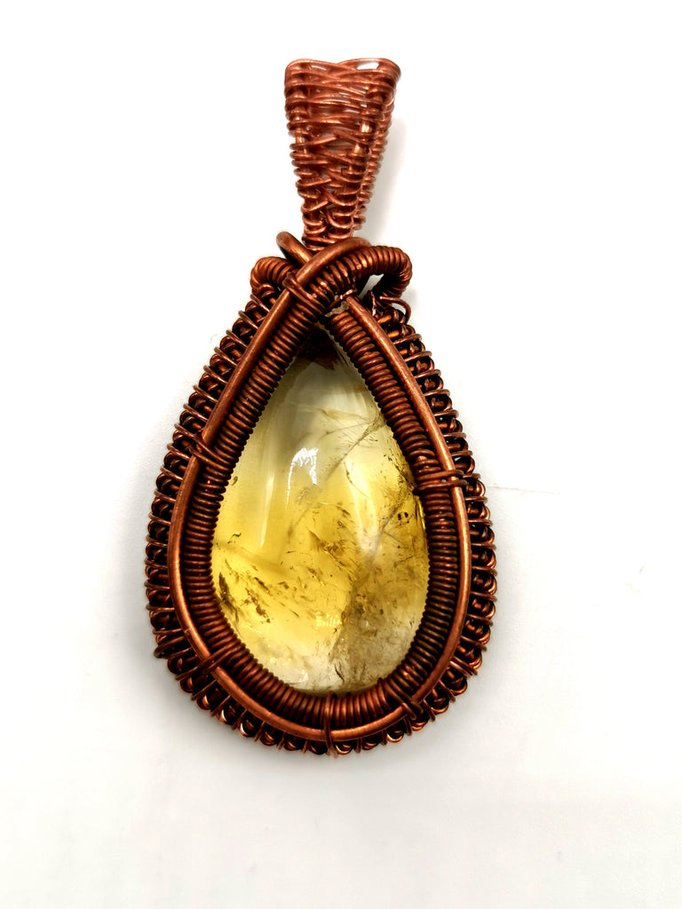 Mother of Prosperity / Mother of Pearl sold Gemstone Wrapped Copper Pendant w/ Citrine / Copper Woven Pendant w/ Copper Plated Chain