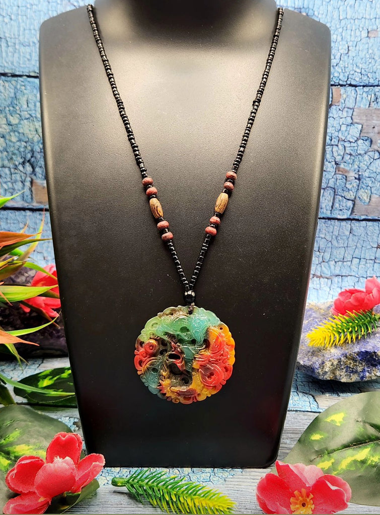 Multi-Color Jade Dragon Pendant Set in Obsidian - Unlocking Prosperity and Harmony