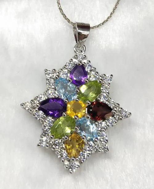 Pendant with amethyst, swiss blue topaz, peridot, garnet and citrine made in 925 silver with rhodium plating