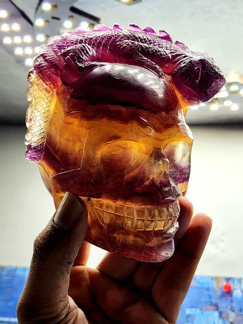 What are ancient beliefs and benefits of keeping Candy Purple Fluorite Skull Carving with Chameleon Head? | Candy Purple Fluorite Skull Carving with Chameleon Head: A Symbol of Intuition, Transformation, and Protection