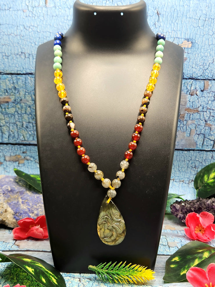 What Are the Spiritual Benefits of Wearing a 7 Chakra 56 Bead Mala with a Labradorite Om Pendant?