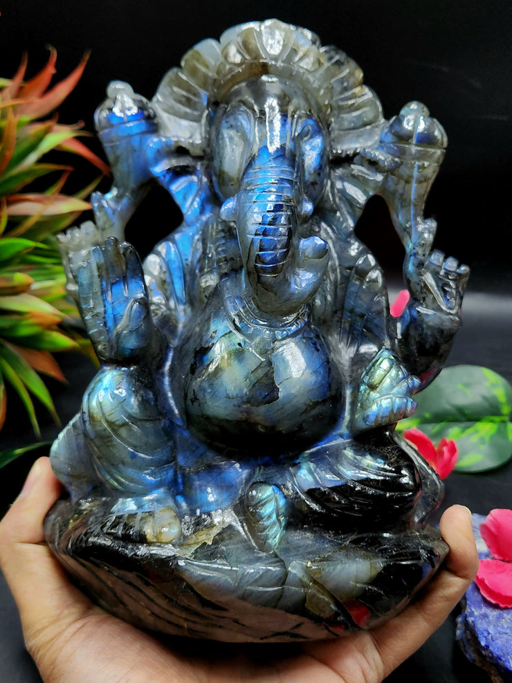 Labradorite Ganesh Carving with Beautiful Flash - A Spectrum of Blessings and Transformation