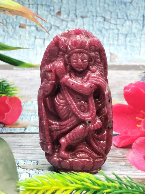 Radiant Harmony - Lord Krishna Statue in Ruby Zoisite for Spiritual Healing and Home Serenity