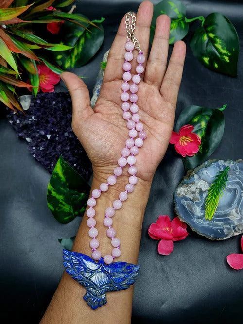 Unveiling the Mystique: Kunzite Bead Mala Necklace with Lapis Lazuli Phoenix Pendant