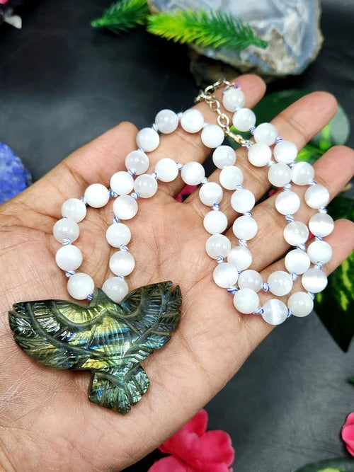 Illuminating Tranquility: Selenite Bead Mala Necklace with Labradorite Phoenix Pendant