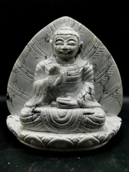 Howlite Buddha on a leaf - Handmade carving of serene and meditating Lord Buddha | 5.7 inches and 1.34 kg