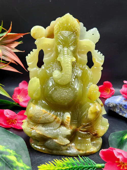 Lord Ganesha Idol in Green Onyx gemstone