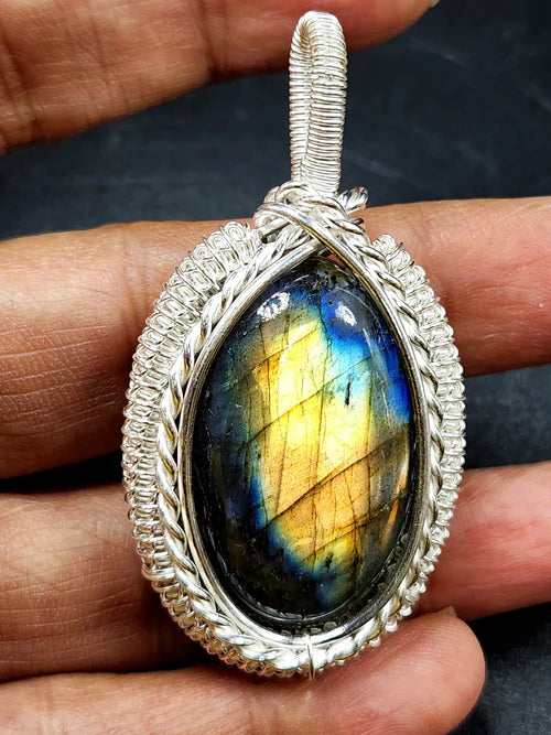 Labradorite Oval Pendant - Captivating Beauty in Wire-Wrapped Elegance | Crystal pendant