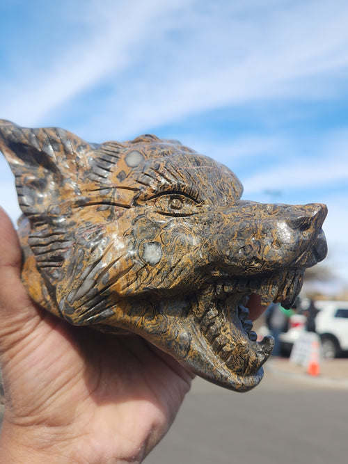 Wolf Head Carving in Petrified Palmwood for Strength, Tranquility and Success | Home Decor | Crystal Healing