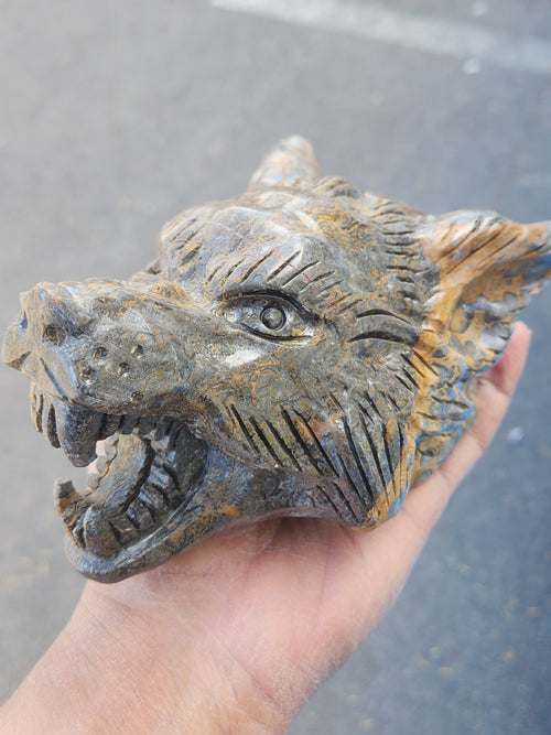 Wolf Head Carving in Petrified Palmwood for Strength, Tranquility and Success | Home Decor | Crystal Healing