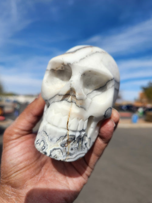 Zebra Calcite Skull Carving: A Symbol of Transformation, Strength, and Balance | Home Decor | Crystal Healing