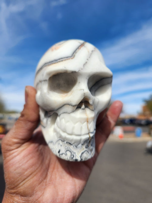 Zebra Calcite Skull Carving: A Symbol of Transformation, Strength, and Balance | Home Decor | Crystal Healing