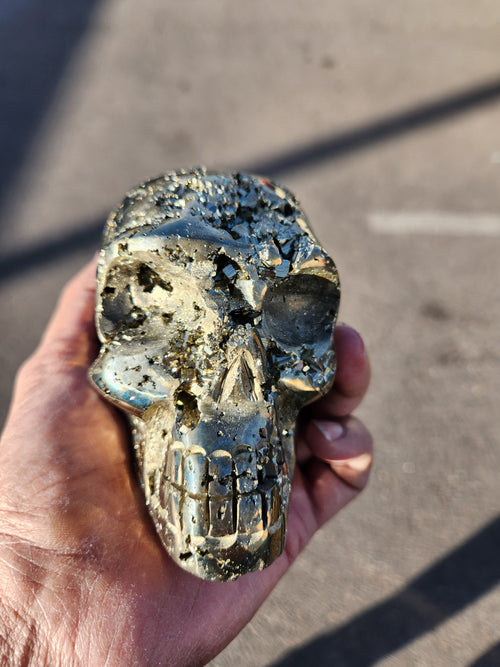 Pyrite Druzy Skull Carving: A Symbol of Power, Transformation, and Spiritual Insight | Crystal Crafts - Weight 1600 gms and 5 inches