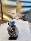 Rose Quartz and Yellow Calcite Bird carving on Agate Rose Perched on Crystal Geode with Onyx Base – A Symbol of Love, Clarity and Grounded Energy