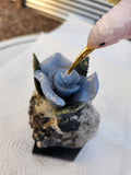 Rose Quartz and Yellow Calcite Bird carving on Agate Rose Perched on Crystal Geode with Onyx Base – A Symbol of Love, Clarity and Grounded Energy