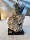 Rose Quartz and Yellow Calcite Bird carving on Agate Rose Perched on Crystal Geode with Onyx Base – A Symbol of Love, Clarity and Grounded Energy