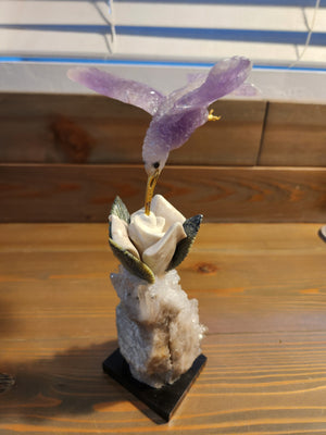 Amethyst Bird Carving on White Jade Rose with Green Jade Leaves, Perched on Calcite Geode with Onyx Base – A Harmonious Blend of Peace, Growth, and Spiritual Energy for Home, Office and Meditation Spaces