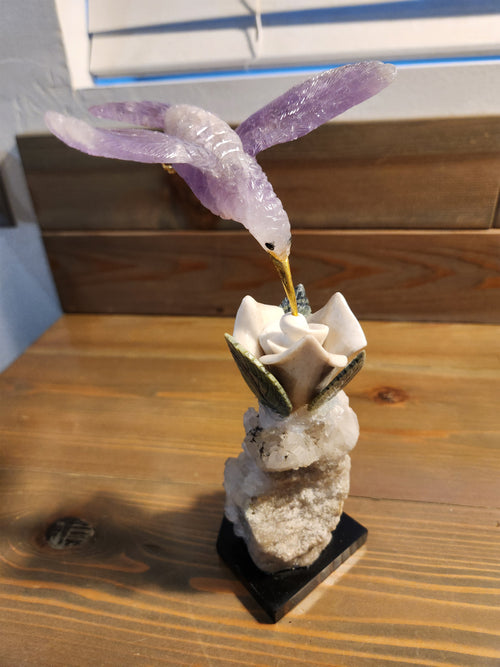 Amethyst Bird Carving on White Jade Rose with Green Jade Leaves, Perched on Calcite Geode with Onyx Base – A Harmonious Blend of Peace, Growth, and Spiritual Energy for Home, Office and Meditation Spaces