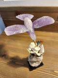 Amethyst Bird Carving on White Jade Rose with Green Jade Leaves, Perched on Calcite Geode with Onyx Base – A Harmonious Blend of Peace, Growth, and Spiritual Energy for Home, Office and Meditation Spaces