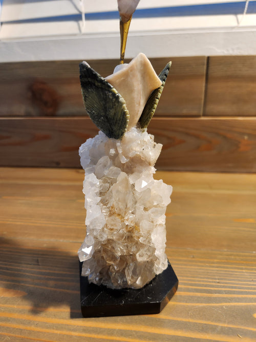 Amethyst Bird Carving on White Jade Rose with Green Jade Leaves, Perched on Calcite Geode with Onyx Base – A Harmonious Blend of Peace, Growth, and Spiritual Energy for Home, Office and Meditation Spaces