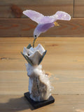 Amethyst Bird Carving on White Jade Rose with Green Jade Leaves, Perched on Calcite Geode with Onyx Base – A Harmonious Blend of Peace, Growth, and Spiritual Energy for Home, Office and Meditation Spaces