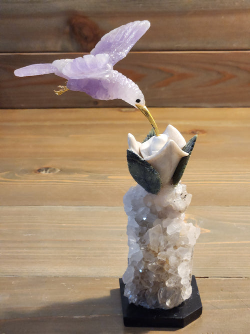 Amethyst Bird Carving on White Jade Rose with Green Jade Leaves, Perched on Calcite Geode with Onyx Base – A Harmonious Blend of Peace, Growth, and Spiritual Energy for Home, Office and Meditation Spaces