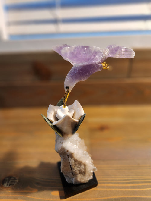 Amethyst Bird Carving on White Jade Rose with Green Jade Leaves, Perched on Calcite Geode with Onyx Base – A Harmonious Blend of Peace, Growth, and Spiritual Energy for Home, Office and Meditation Spaces