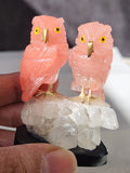 Rose Quartz Owl Pair Carving Sitting on Quartz Geode with Onyx Base – A Symbol of Compassion, Intuition and Grounded Energy | Weighing 130 gms