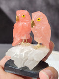 Rose Quartz Owl Pair Carving Sitting on Quartz Geode with Onyx Base – A Symbol of Compassion, Intuition and Grounded Energy | Weighing 130 gms