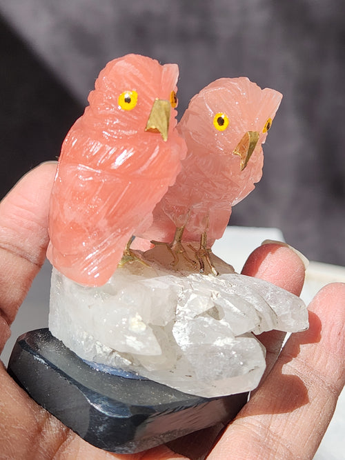 Rose Quartz Owl Pair Carving Sitting on Quartz Geode with Onyx Base – A Symbol of Compassion, Intuition and Grounded Energy | Weighing 130 gms