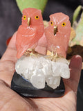 Rose Quartz Owl Pair Carving Sitting on Quartz Geode with Onyx Base – A Symbol of Compassion, Intuition and Grounded Energy | Weighing 130 gms