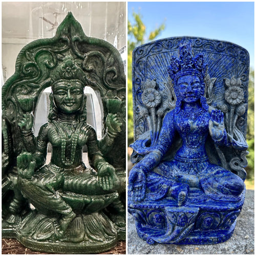 Exquisite Spiritual Carvings: The Divine Presence of Goddess Gaj Laxmi and Goddess Tara in Aventurine and Lapis Lazuli