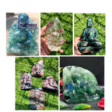 Sacred Stone Carvings Lot of 8 : Ganesh and Buddha Artisanship in Fluorite, Labradorite, Clear Quartz, and Ruby Kyanite