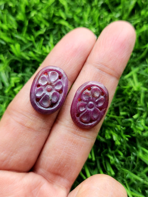 Floral Carved Ruby Stone Pair for Earrings or Pendant - A Journey to Grounding and Security