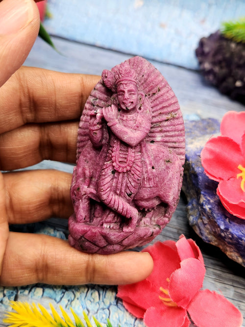 Lord Krishna Carving in Ruby Stone - A Divine Guardian Against Negative Energy | 2.7 inches and 388 carats