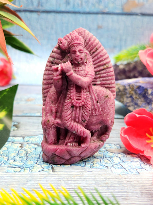 Lord Krishna Carving in Ruby Stone - A Divine Guardian Against Negative Energy | 2.7 inches and 388 carats