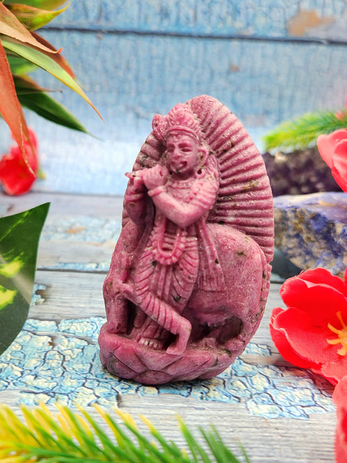 Lord Krishna Carving in Ruby Stone - A Divine Guardian Against Negative Energy | 2.7 inches and 388 carats