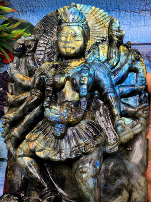 Goddess Kali statue in labradorite stone - A Divine Fusion of Wisdom and Spiritual Illumination | 12 inches and 6700 gms