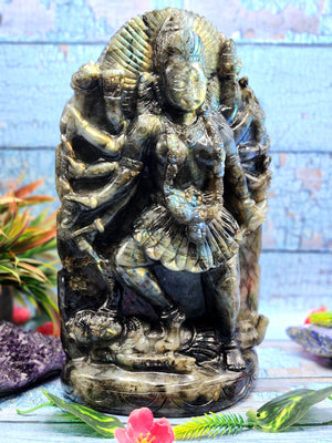 Goddess Kali statue in labradorite stone - A Divine Fusion of Wisdom and Spiritual Illumination | 12 inches and 6700 gms