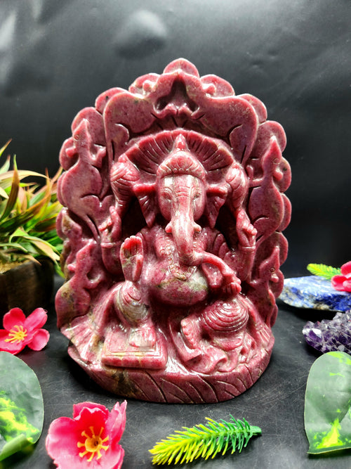 Lord Ganesh Statue in Rhodonite Stone: A Symbol of Wealth, Prosperity and Protection | Reiki/Chakra/Healing/Energy | Home Decor