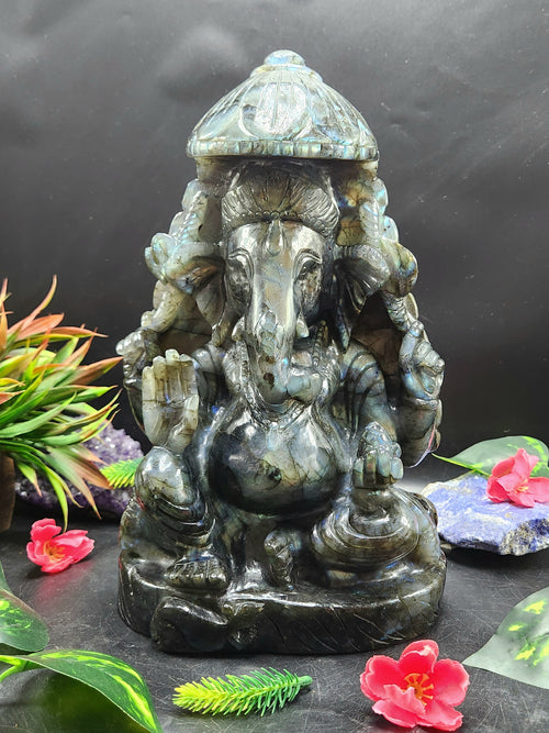 Labradorite Ganesh Carving with Beautiful Flash: A Divine Fusion of Spirituality and Transformation | Ganapati statue | Home Decor | Ganesh Murti | gift a ganesha