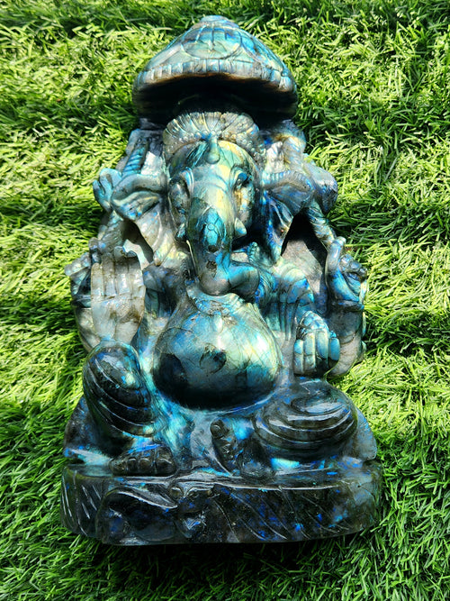 Labradorite Ganesh Carving with Beautiful Flash: A Divine Fusion of Spirituality and Transformation | Ganapati statue | Home Decor | Ganesh Murti | gift a ganesha