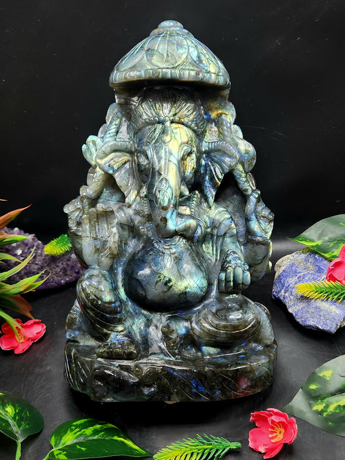 Labradorite Ganesh Carving with Beautiful Flash: A Divine Fusion of Spirituality and Transformation | Ganapati statue | Home Decor | Ganesh Murti | gift a ganesha