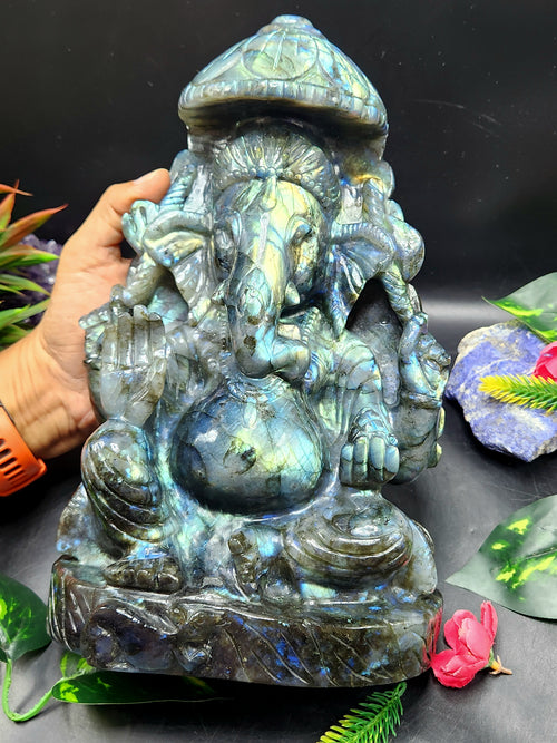 Labradorite Ganesh Carving with Beautiful Flash: A Divine Fusion of Spirituality and Transformation | Ganapati statue | Home Decor | Ganesh Murti | gift a ganesha