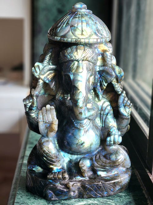 Labradorite Ganesh Carving with Beautiful Flash: A Divine Fusion of Spirituality and Transformation | Ganapati statue | Home Decor | Ganesh Murti | gift a ganesha