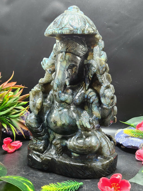 Labradorite Ganesh Carving with Beautiful Flash: A Divine Fusion of Spirituality and Transformation | Ganapati statue | Home Decor | Ganesh Murti | gift a ganesha