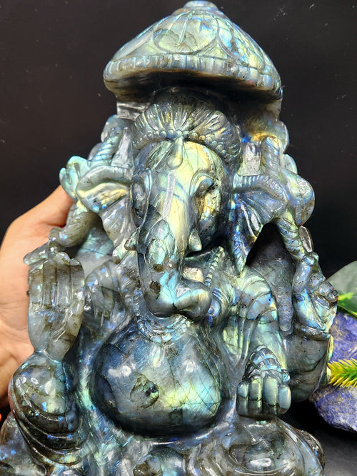 Labradorite Ganesh Carving with Beautiful Flash: A Divine Fusion of Spirituality and Transformation | Ganapati statue | Home Decor | Ganesh Murti | gift a ganesha