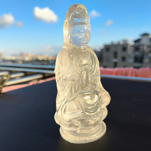 Kwan Yin Carving in Clear Quartz: A Divine Fusion of Wisdom and Spiritual Illumination | Reiki/Chakra/Healing/Energy | Crystal Home Decor