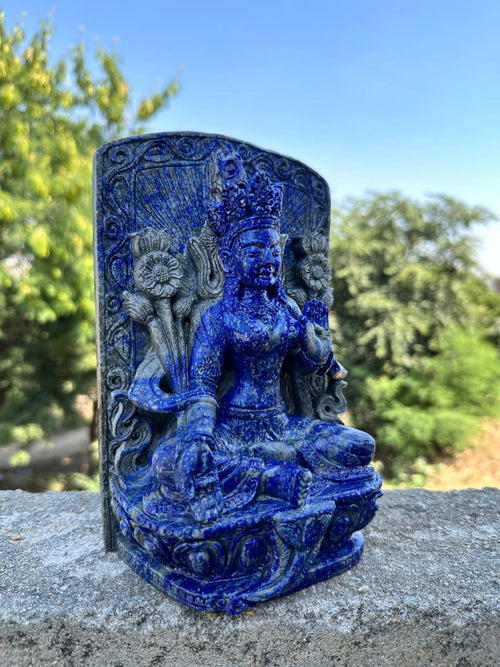 Exquisite Spiritual Carvings: The Divine Presence of Goddess Gaj Laxmi and Goddess Tara in Aventurine and Lapis Lazuli